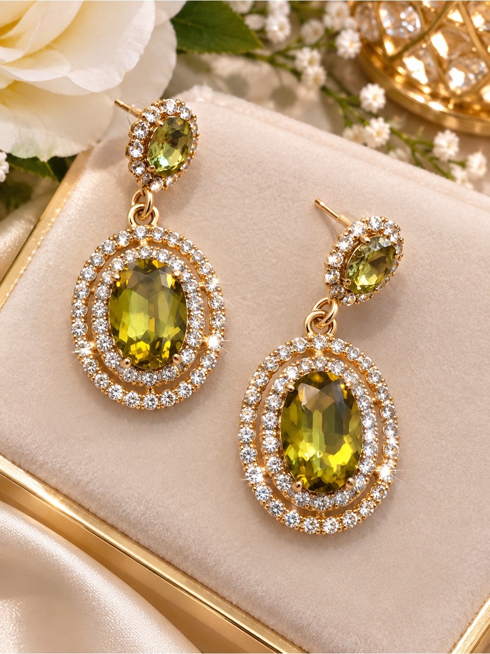 Gold-Tone Olive Green Crystal Drop Earrings